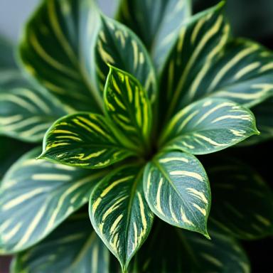 Pianta di Calathea Orbifolia con le sue foglie striate.